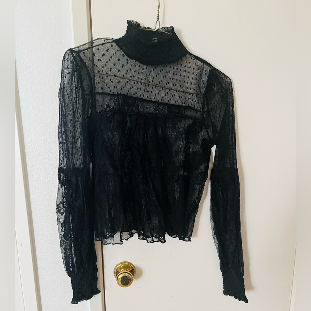 Forever 21 Black Sheer Lace Long Sleeve Top
